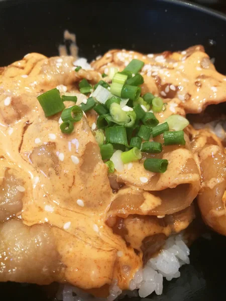 일본의 돼지고기와 양파를스 크리드했다 가까이 — 스톡 사진