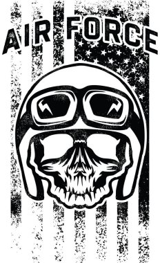 Skull of US Army man wearing flight helmet on USA flag background. Air force text