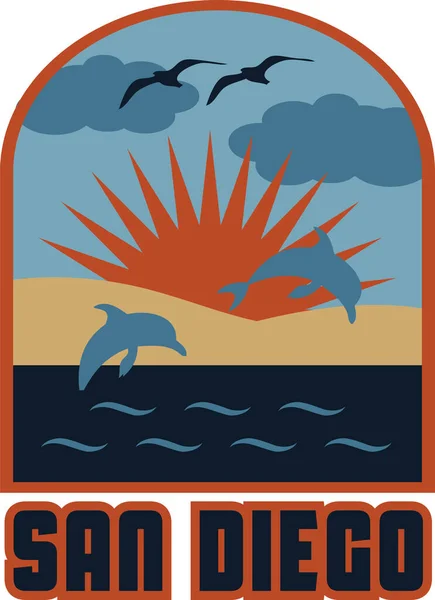 Testo San Diego Con Sfondo Tramonto Delfini Che Saltano Nell — Vettoriale Stock