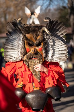 Sofia, Bulgaria - January 08, 2023: Unidentified man in traditional kuker costume at the Surva masquerade games festival in Sofia, Bulgaria. Kuker costume at the masquerade games in Sofia, Bulgaria