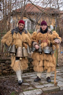 Breznik, Bulgaria - January 21, 2023: Masquerade festival in Breznik Bulgaria. People with a mask called Kukeri dance and perform to scare the evil spirits. The photo was taken on January 21th, 2023