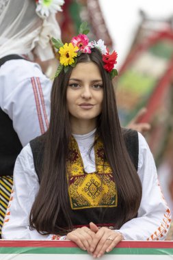 Pernik, Bulgaria - January 28, 2023: Masquerade festival in Pernik Bulgaria. People with a mask called Kukeri dance and perform to scare the evil spirits. The photo was taken on January 28th, 2023