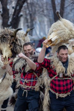 Pernik, Bulgaria - January 28, 2023: Masquerade festival in Pernik Bulgaria. People with a mask called Kukeri dance and perform to scare the evil spirits. The photo was taken on January 28th, 2023