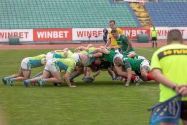 Sofya, Bulgaristan 29 Nisan 2023: Bulgar Rugby takımı, Vasil Levski Ulusal Stadyumu 'nda Slovenya' ya karşı düzenlenen 