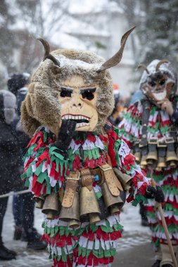 Breznik, Bulgaristan - 20 Ocak 2024: Bulgaristan 'ın Breznik kentinde maskeli balo festivali. Kukeri adındaki maskeli insanlar kötü ruhları korkutmak için dans edip gösteri yapıyorlar. Fotoğraf 20 Ocak 2024 'te çekildi.