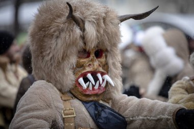 Breznik, Bulgaristan - 20 Ocak 2024: Bulgaristan 'ın Breznik kentinde maskeli balo festivali. Kukeri adındaki maskeli insanlar kötü ruhları korkutmak için dans edip gösteri yapıyorlar. Fotoğraf 20 Ocak 2024 'te çekildi.