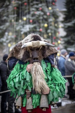 Breznik, Bulgaristan - 20 Ocak 2024: Bulgaristan 'ın Breznik kentinde maskeli balo festivali. Kukeri adındaki maskeli insanlar kötü ruhları korkutmak için dans edip gösteri yapıyorlar. Fotoğraf 20 Ocak 2024 'te çekildi.