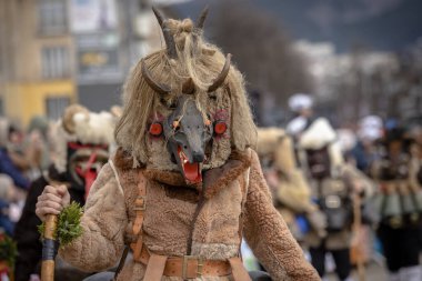 Pernik, Bulgaristan - 27 Ocak 2024: 30 Pernik Bulgaristan Maskeli Balo Festivali. Kukeri isimli maskeli insanlar dans ediyor ve kötü ruhları korkutmak için gösteri yapıyorlar.. 