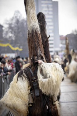 Pernik, Bulgaristan - 27 Ocak 2024: 30 Pernik Bulgaristan Maskeli Balo Festivali. Kukeri isimli maskeli insanlar dans ediyor ve kötü ruhları korkutmak için gösteri yapıyorlar..
