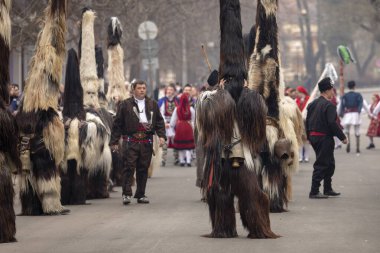 Bulgaristan 'ın Kyustendil kenti - 10 Şubat 2024: Bulgaristan' ın Kyustendil kentinde düzenlenen maskeli balo festivalinin birincisi. Geleneksel Kuker deri takım elbiseli adamlar pirinç çanlar eşliğinde dans ediyor ve doğurganlık ve sağlık ayini yapıyorlar..