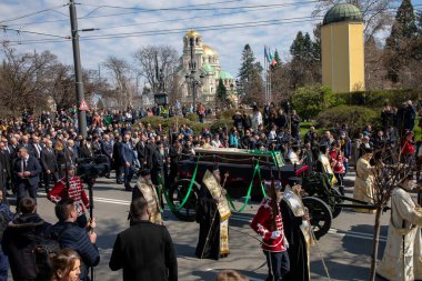 Sofia, Bulgaria, 16 March 2024: Officials follow the coffin of Bulgaria's Orthodox church late Bulgarian Patriarch and Metropolitan Bishop of Sofia Neofit during the funeral ceremony. clipart