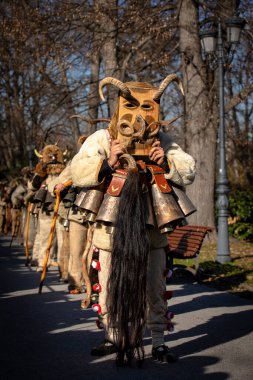 Sofya, Bulgaristan - 05 Ocak 2025: Bulgaristan 'ın Sofya kentinde düzenlenen Surva maskeli oyun festivalinde geleneksel kuker kostümlü tanımlanamayan adam. Bulgaristan 'ın Sofya kentinde düzenlenen maskeli balo oyunlarında Kuker kostümü