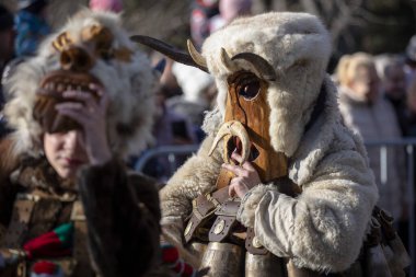 Sofya, Bulgaristan - 05 Ocak 2025: Bulgaristan 'ın Sofya kentinde düzenlenen Surva maskeli oyun festivalinde geleneksel kuker kostümlü tanımlanamayan adam. Bulgaristan 'ın Sofya kentinde düzenlenen maskeli balo oyunlarında Kuker kostümü