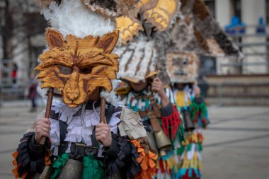 Pernik, Bulgaristan - 24 Ocak 2025 Pernik Bulgaristan 'da düzenlenen 1. Yıldönümü Maskeli Balosu. Maskeli insanlar Kukeri dansı derler ve kötü ruhları korkutmak için bir ayin yaparlar..