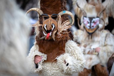 Pernik, Bulgaristan - 24 Ocak 2025 Pernik Bulgaristan 'da düzenlenen 1. Yıldönümü Maskeli Balosu. Maskeli insanlar Kukeri dansı derler ve kötü ruhları korkutmak için bir ayin yaparlar..