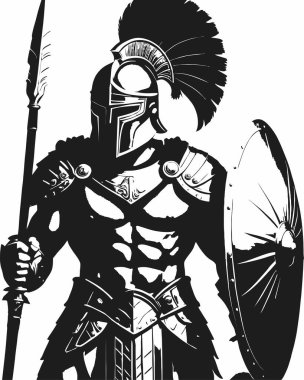 A highly detailed black and white vector illustration of a Spartan warrior from the waist up. The warrior wears an iconic Corinthian helmet with a tall plume, covering most of his face except for the eyes clipart