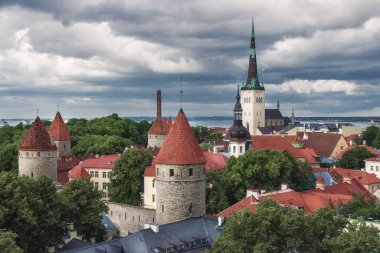 Tallinn 'in gözlem güvertesindeki görüntüsü. Gözetleme kuleleri ve Oleviste Kilisesi 'nin ünlü ve güzel manzarası. Estonya 'da yaz sezonu.
