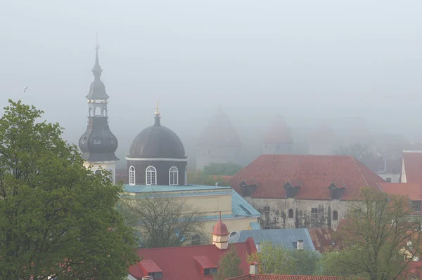 濃い霧の中で古いタリンの塔や教会 エストニアのランドマークの珍しい景色 — ストック写真