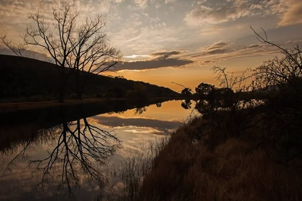Réflexions Aurores Nuages Arbres Dans Lac Calme Drakensberg Dans Parc — Photo