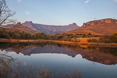 Kraliyet Natal Ulusal Parkı 'ndaki sakin bir Drakensberg Gölü' ndeki Amohitiyatronun sabah oluşumunun yansımaları. KwaZulu-Natal. Güney Afrika