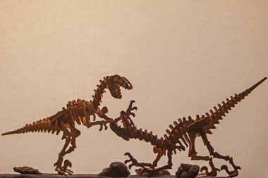 Savaşan Velociraptor 'ların tahta modelleri hafif bir arka planda siluet oluşturdular.