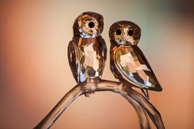 Işıklı arka planda iki kristal baykuş.