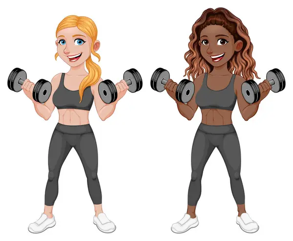 Couple Girls Lifting Weights Vector Isolated Characters Transparent Background Stock Vector