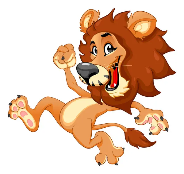 Gracioso León Sonriente Corriendo Personaje Aislado Dibujos Animados Vectoriales Con Ilustración De Stock