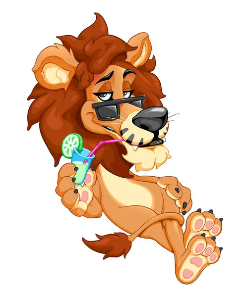 有趣的狮子用太阳镜喝果汁 具有透明背景的矢量卡通人物 免版税图库矢量图片
