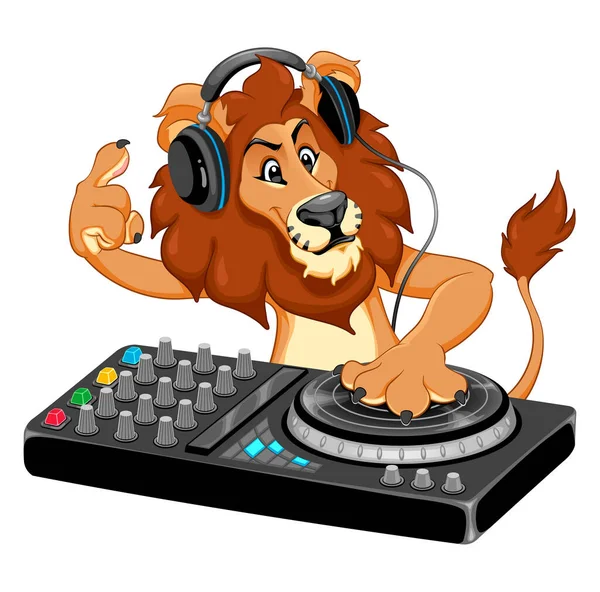 Αστεία Λιοντάρι Παίζει Μουσική Μια Κονσόλα Και Ακουστικά Διάνυσμα Καρτούν Royalty Free Διανύσματα Αρχείου