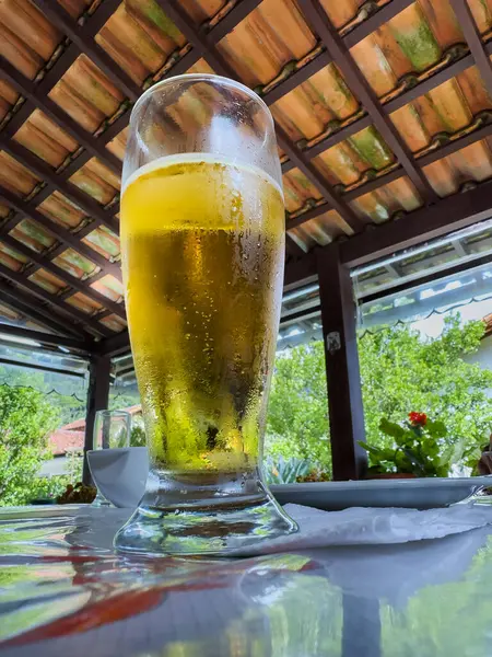 A glass of cold beer is on the table. Clay tiles and garden background.