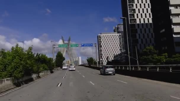 Asma Köprüler Kablolu Ile Çalışan Dünya Köprüsü Sao Paulo Şehri — Stok video