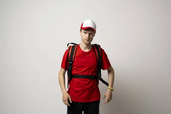 Delivery Man Red Uniform Carry Thermal Backpack Full Food Groceries — Zdjęcie stockowe