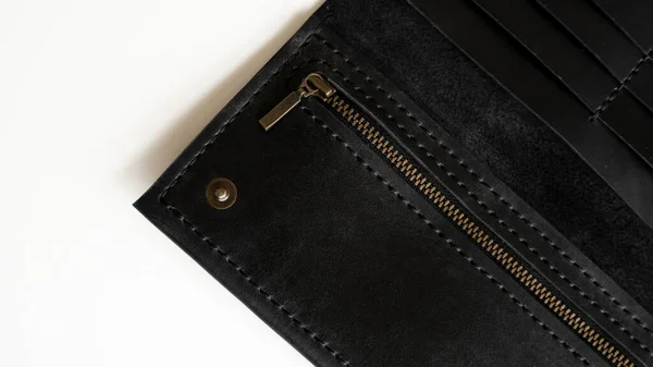 Top View Open Mens Black Empty Leather Wallet Zip Lots — Stock Photo, Image