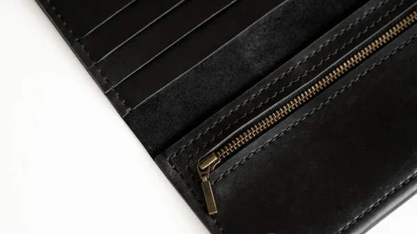 Details Open Handmade Brown Mans Genuine Leather Wallet Zipper Button — Foto de Stock