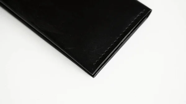 Dettagli Portafoglio Vera Pelle Nera Sfondo Bianco Accessori Uomo — Foto Stock
