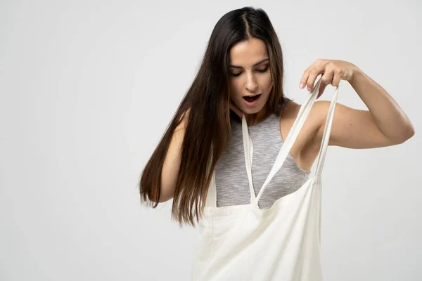 Concept Écologie Femme Excitée Tenant Sac Épicerie Coton Avec Des — Photo