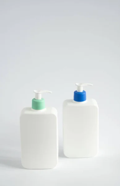 Two Liquid Containers Shampoo Gel Lotion Cream Bath Foam Etc — Stock Photo, Image
