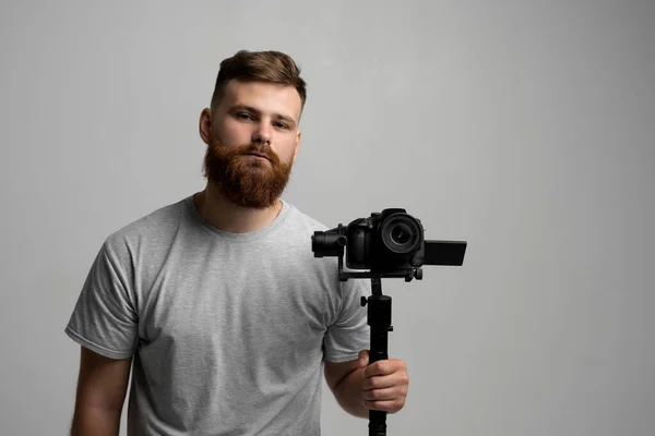 Videographer Making Good Footage Using Steadicam Cameraman Creator Stabilizer His — Fotografia de Stock