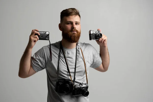 Handsome Confident Bearded Man Photographer Professional Cameras Ready Hand Take — Stock Photo, Image