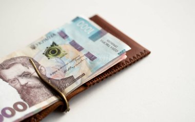 Kahverengi deri para klipsi, içinde Ukrayna Hryvnia banknotları olan çanta. Gerçek deri cüzdan. Aksesuarlar. Para, finans, ekonomi, tasarruf