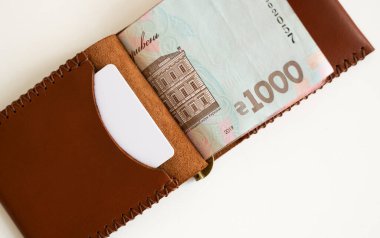 Kahverengi deri para klipsi, içinde Ukrayna Hryvnia banknotları olan çanta. Gerçek deri cüzdan. Aksesuarlar. Para, finans, ekonomi, tasarruf