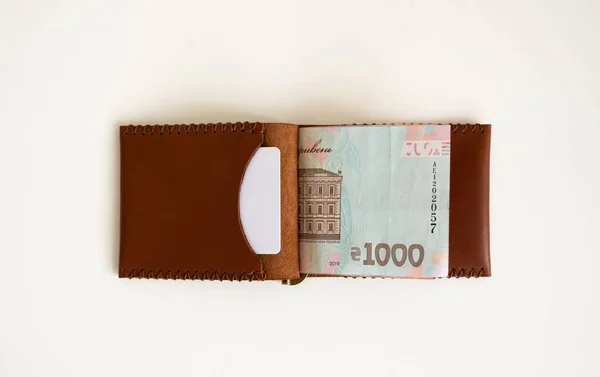 Brown Leather Money Clip Purse Ukrainian Hryvnia Banknotes Mens Genuine — Stock Photo, Image