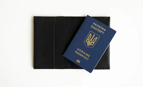 Ukrainian Biometric Passport Leather Passport Cover Travel Europe Visas Table — Stock Photo, Image