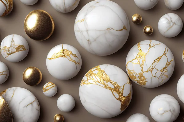 White Golden Smooth Zen Meditation Spa Pebble 3D Art Work Abstract Background. Elegant Marble and Gold Round Gemstones Stylish Wallpaper. Three Dimension Volumetric Circle Shapes Abstraction