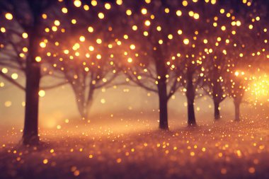 Park 'taki Ağaçlar 3 Boyutlu Çelenk Işıkları Özgeçmişi ile süslenmiş. Mutlu Noeller ve Parkway Sınıfı Duvar Kağıdı 'nda Mutlu Yıllar Dekorasyonu. Peri Masalı Atmosfer Sanatı İllüstrasyonu