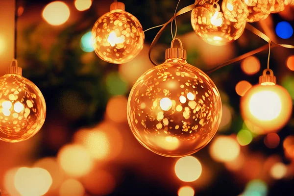 Bolas Navidad Oro Brillante Luces Guirnalda Ilustraciones Fondo Abstracto Feliz — Foto de Stock