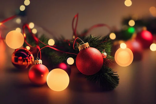 赤い光沢のあるボールのクリスマスの装飾ガーランドライトとトウヒ枝 3Dアートワークアブストラクト背景 メリークリスマスとハッピー新年楽しい居心地の良い装飾の壁紙 クリスマスアートイラスト — ストック写真