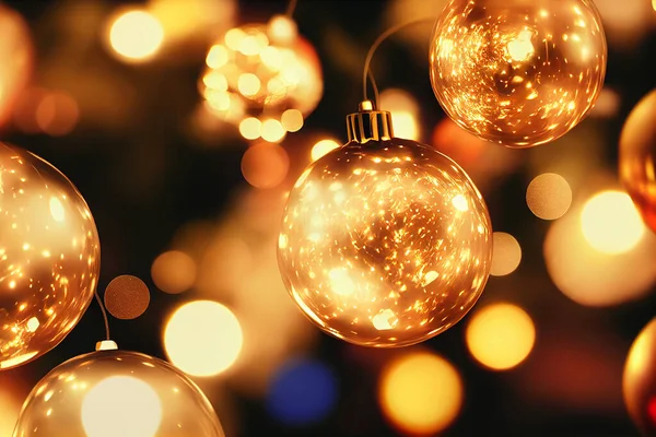Brightly Golden Christmas Balls Garland Lights Artwork Abstract Background Inglés — Foto de Stock