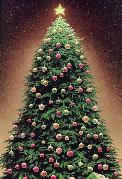 Beautiful Vintage Christmas Card Festive Lush Christmas Tree Drawn Artwork — стоковое фото